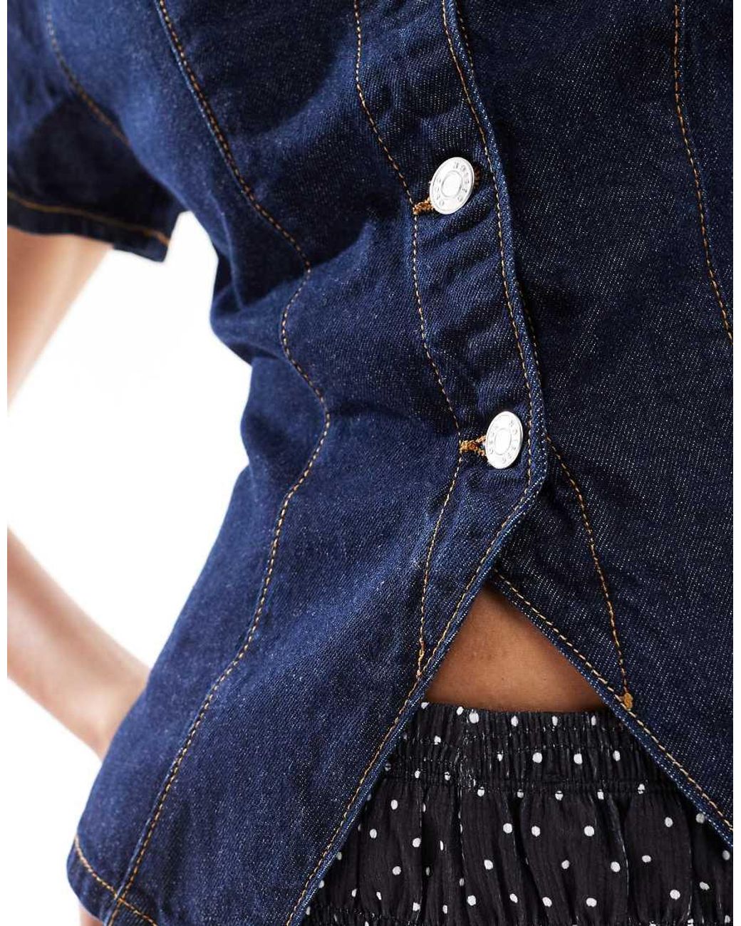 ASOS Blue Denim Button Up Top With V Neck And Half Sleeve