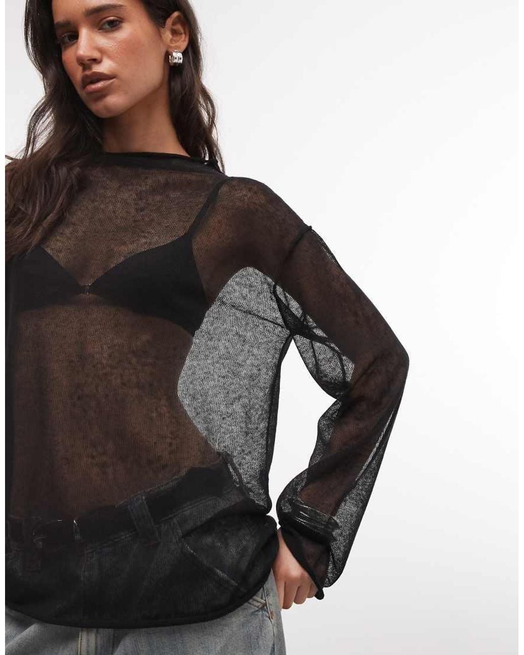 Weekday Gray Linen Blend Oversized Sheer Mock Neck Jumper