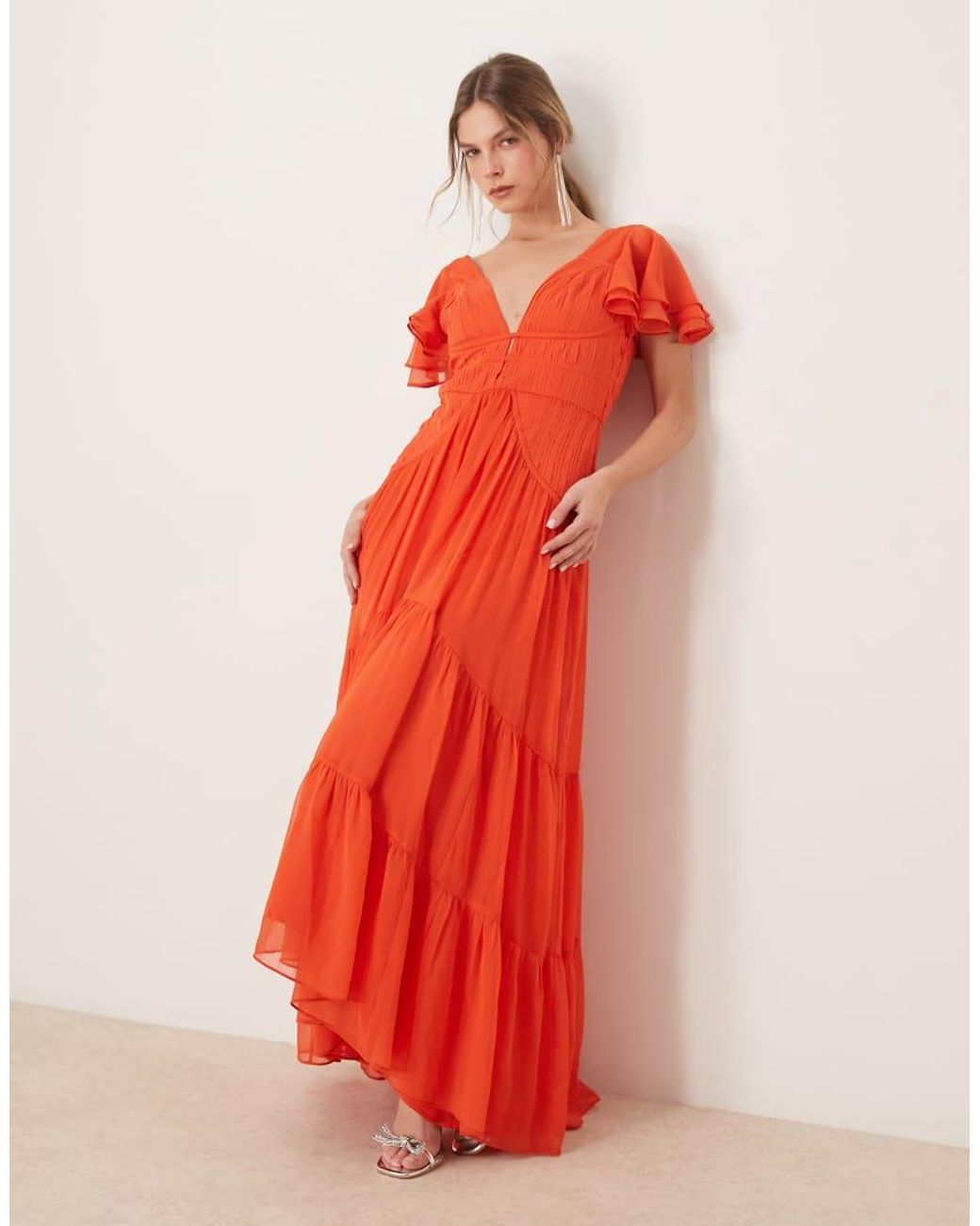 ASOS Red Flutter Sleeve Ruched Maxi Dress With Hi Low Hem