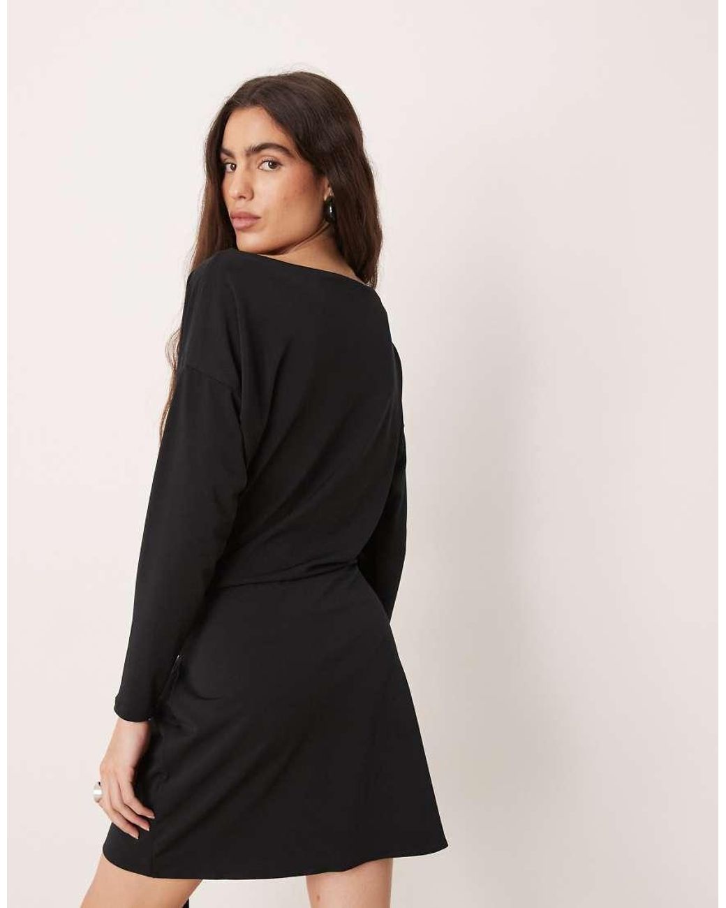 Abercrombie & Fitch Black Slash Neck Long Sleeve Mini Dress With Tie Up Front Detail