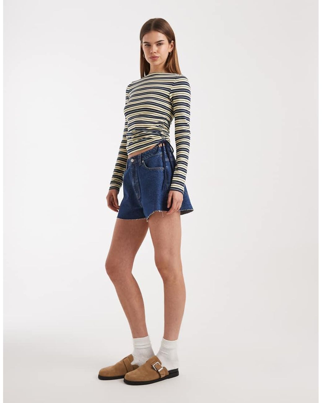 ASOS Blue Ruched Detail Tie Side Boat Neck Long Sleeve Top