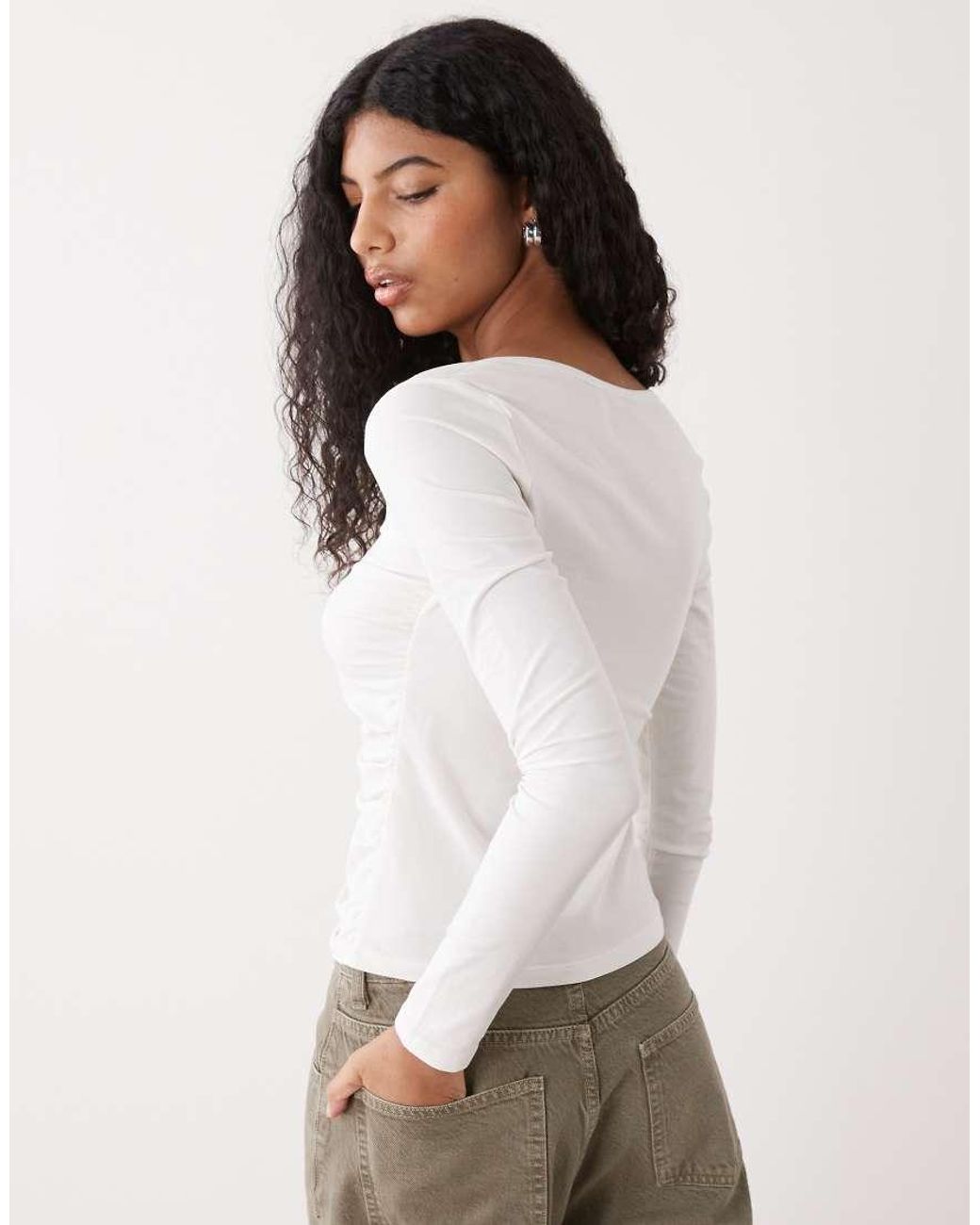Monki White Ruched Button Open Jersey Top