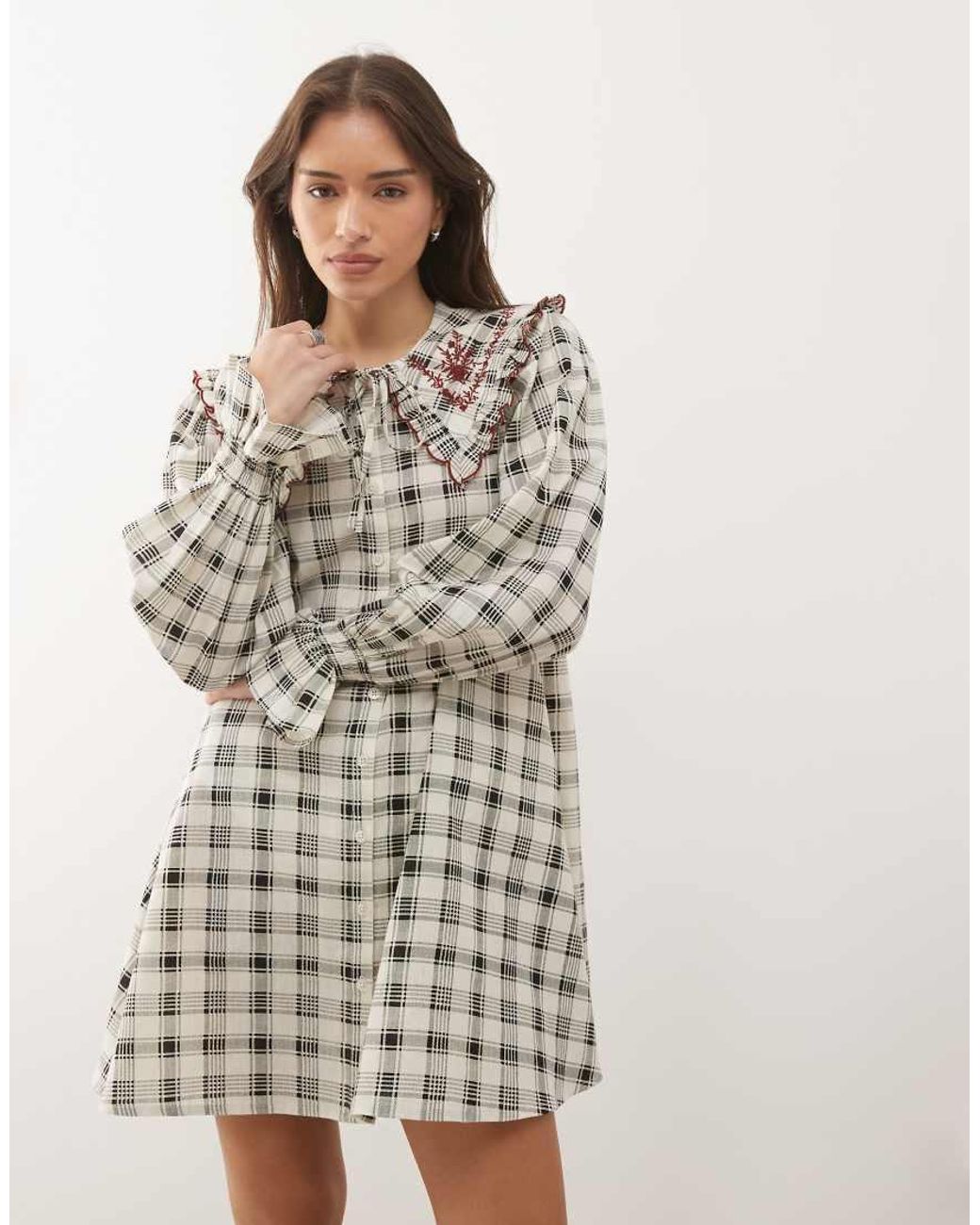 Reclaimed (vintage) Natural Mini Shirt Dress With Oversized Collar And Embroidery