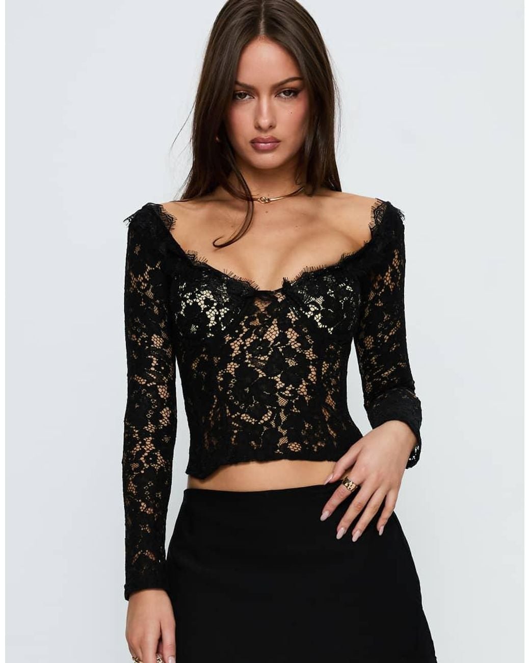 Princess Polly Black Lace Eyelash Trim Corset Tie Back Detail Top
