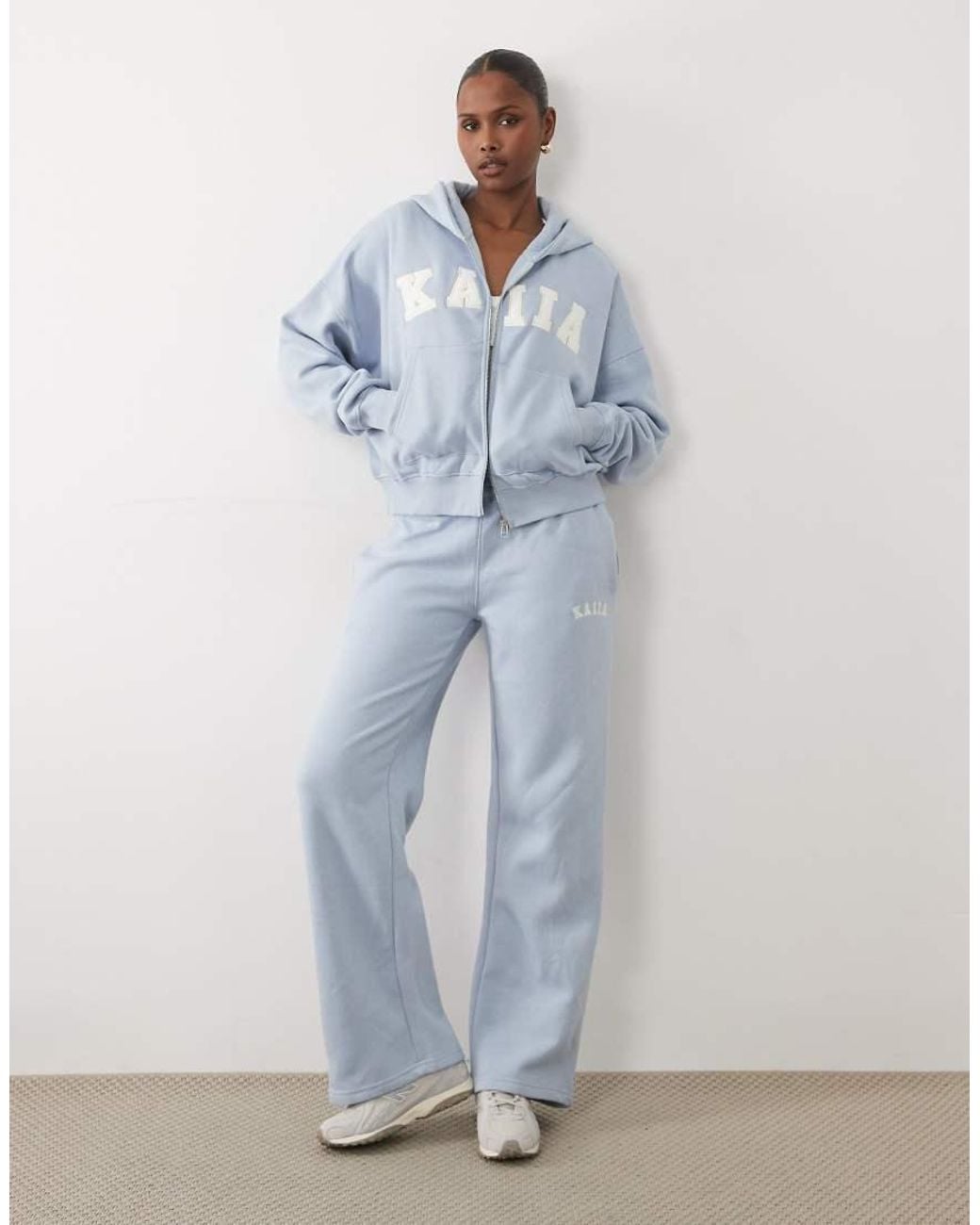 Kaiia Blue Cotton Rich Embroidered Logo Oversized Zip Up Hoodie