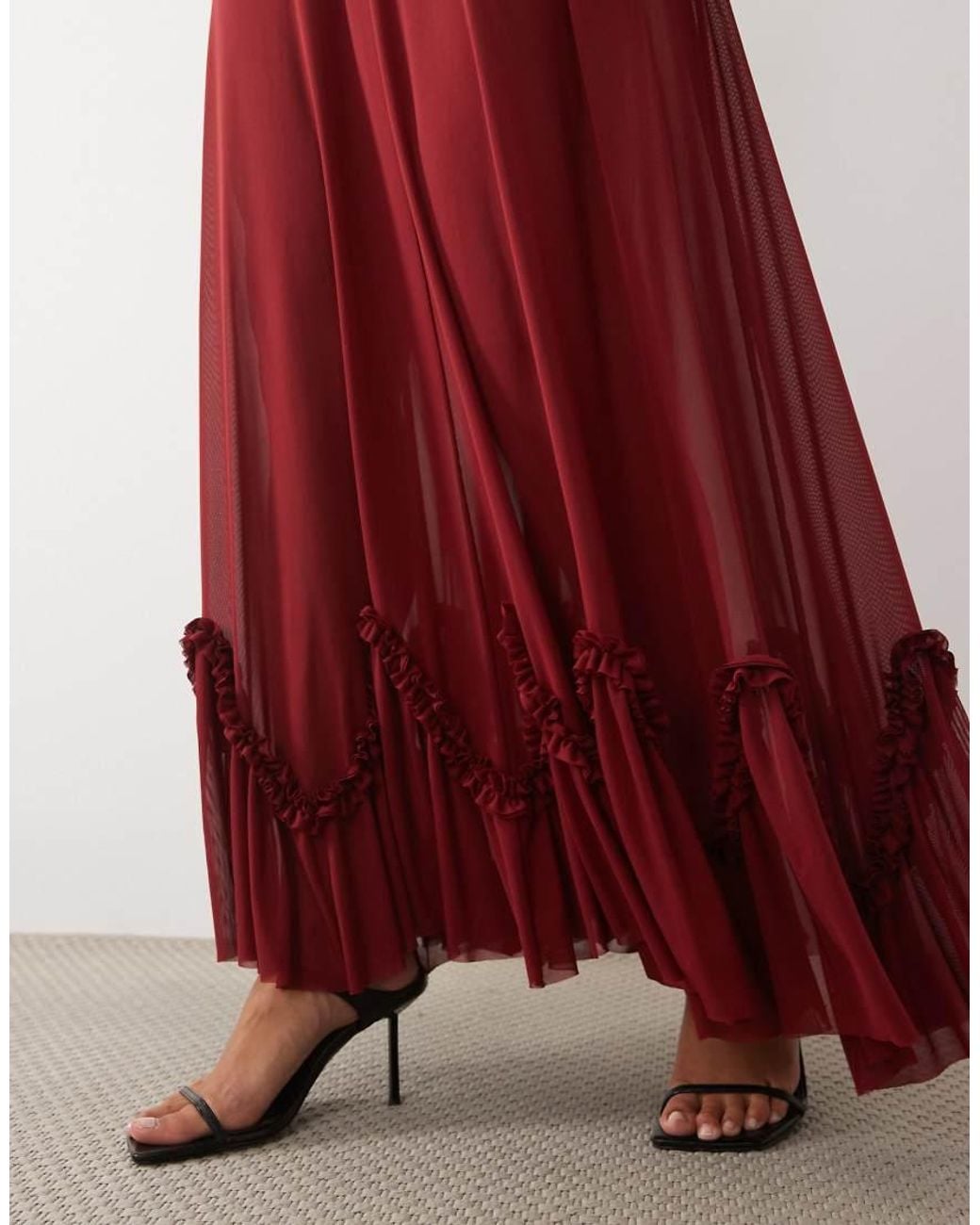 AFRM Red Kiva Mesh With Bodysuit Lining Open Back Ruffle Hem Detail Maxi Dress