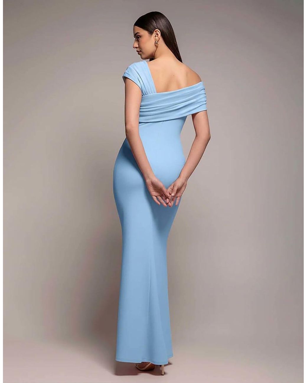 Goddiva Blue One Shoulder Asymmetric Sculpting Stretch Jersey Crepe Maxi Dress