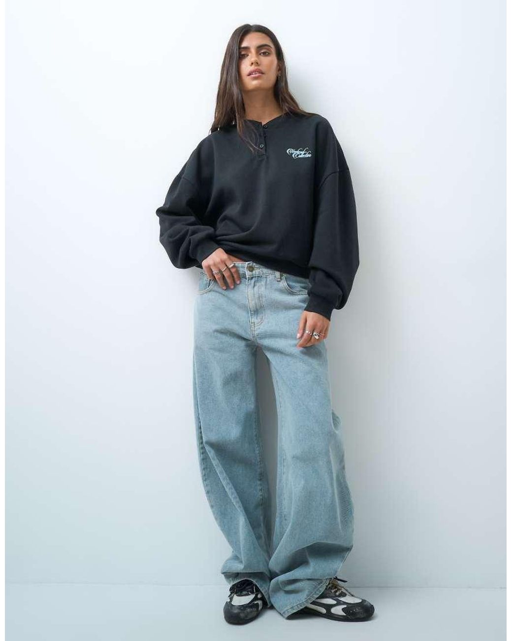 ASOS Blue Weekend Collective Set Oversized Henley Sweatshirt With Graphic