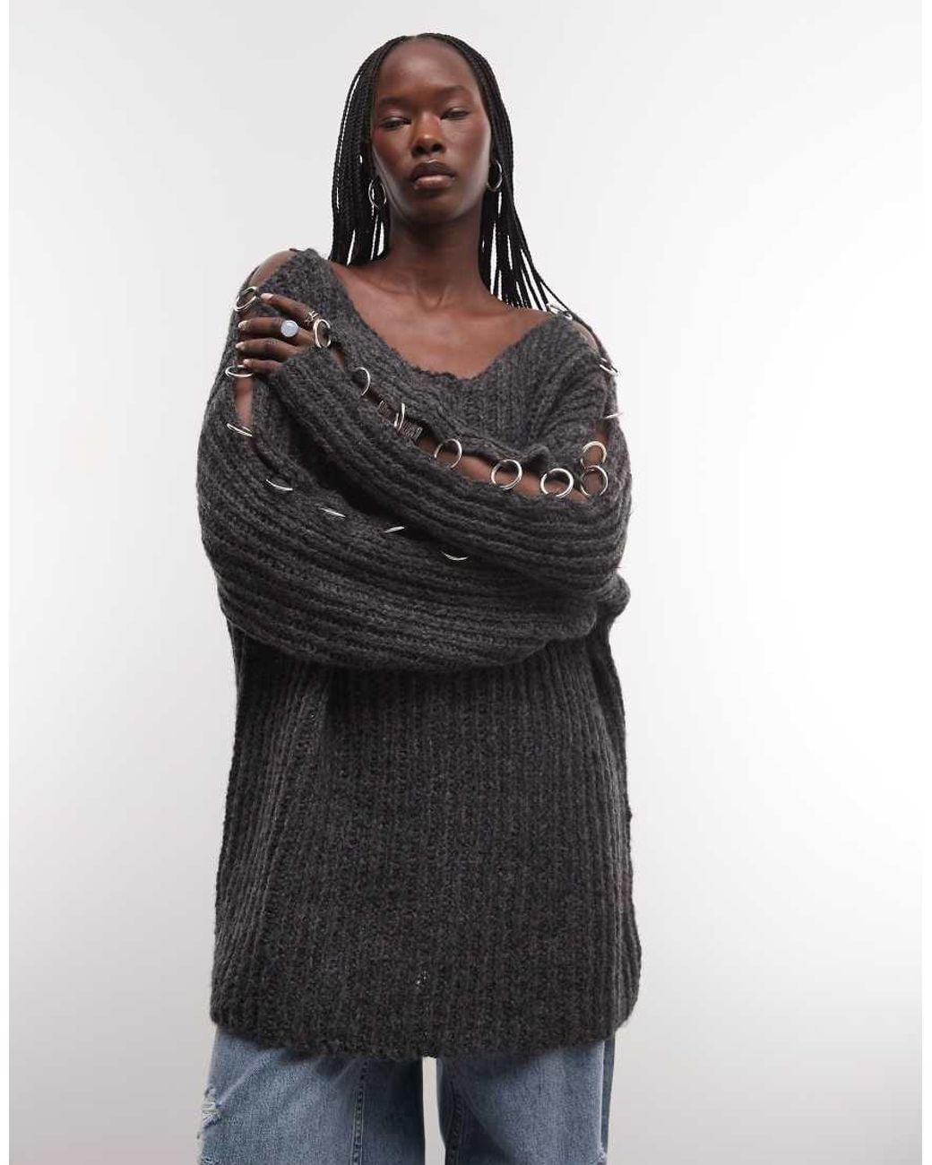 The Ragged Priest Gray Fluffy Oversized Knit Jumper With O Ring Detail