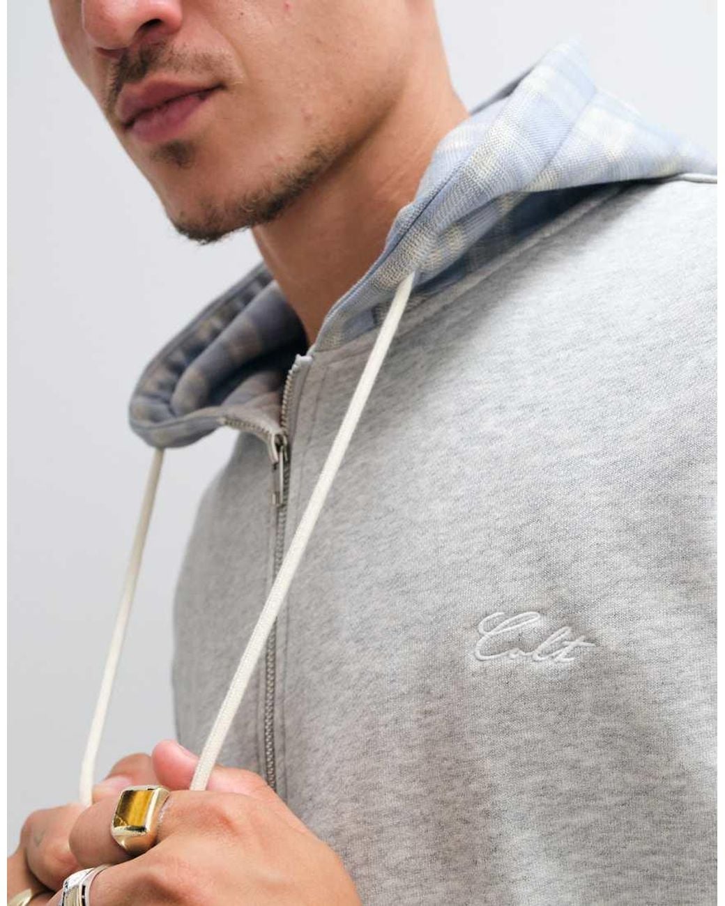 Colt MCR Gray Colt Heavyweight Regular Fit Contrast Gingham Zip Through Hoodie for men