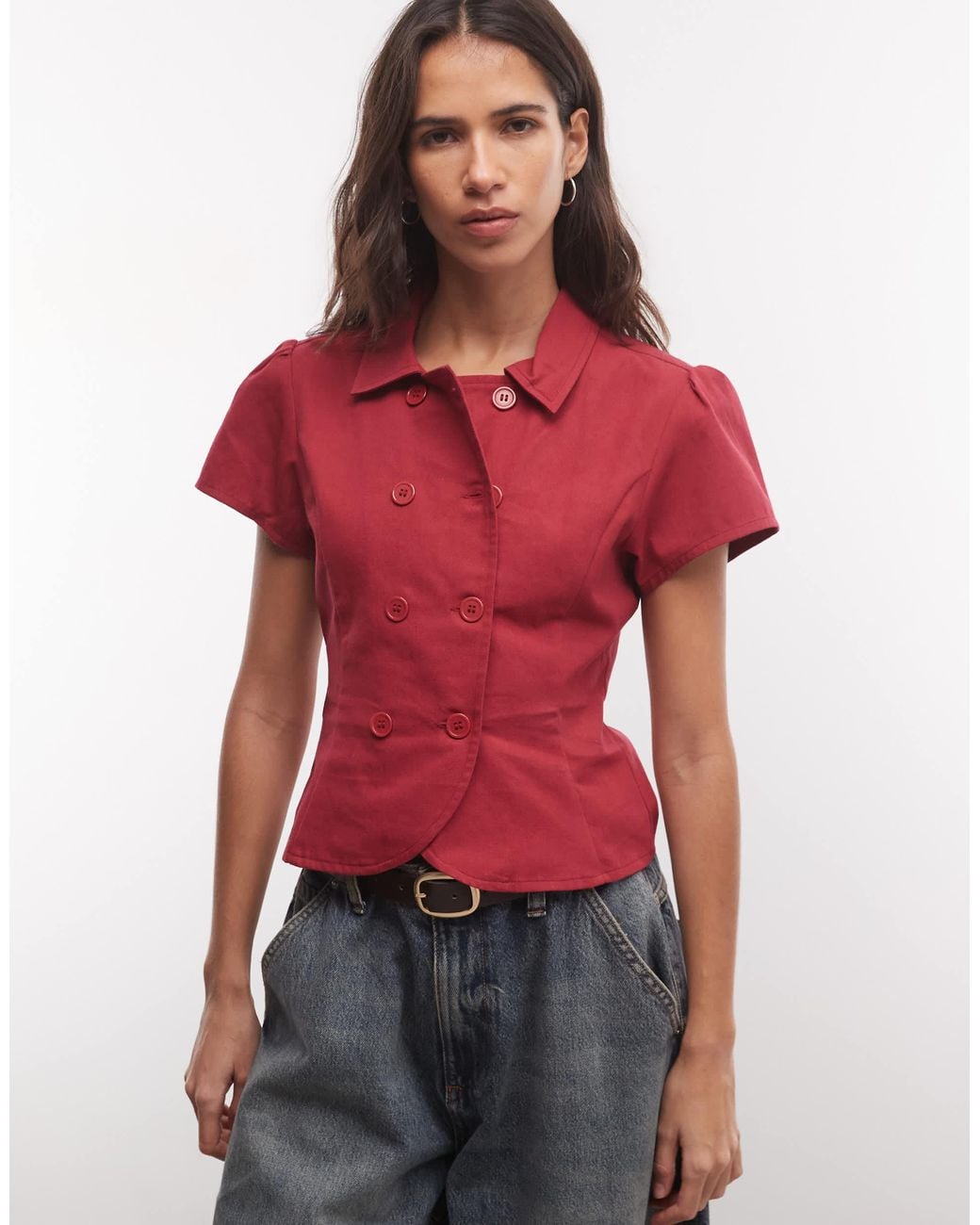 Collusion Heavy Twill Fitted Cap Sleeve Shirt in Red | Lyst