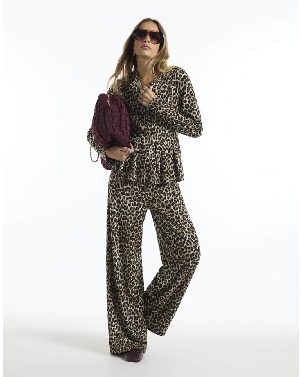 River Island Brown Leopard Print Jacquard Peplum Cardigan