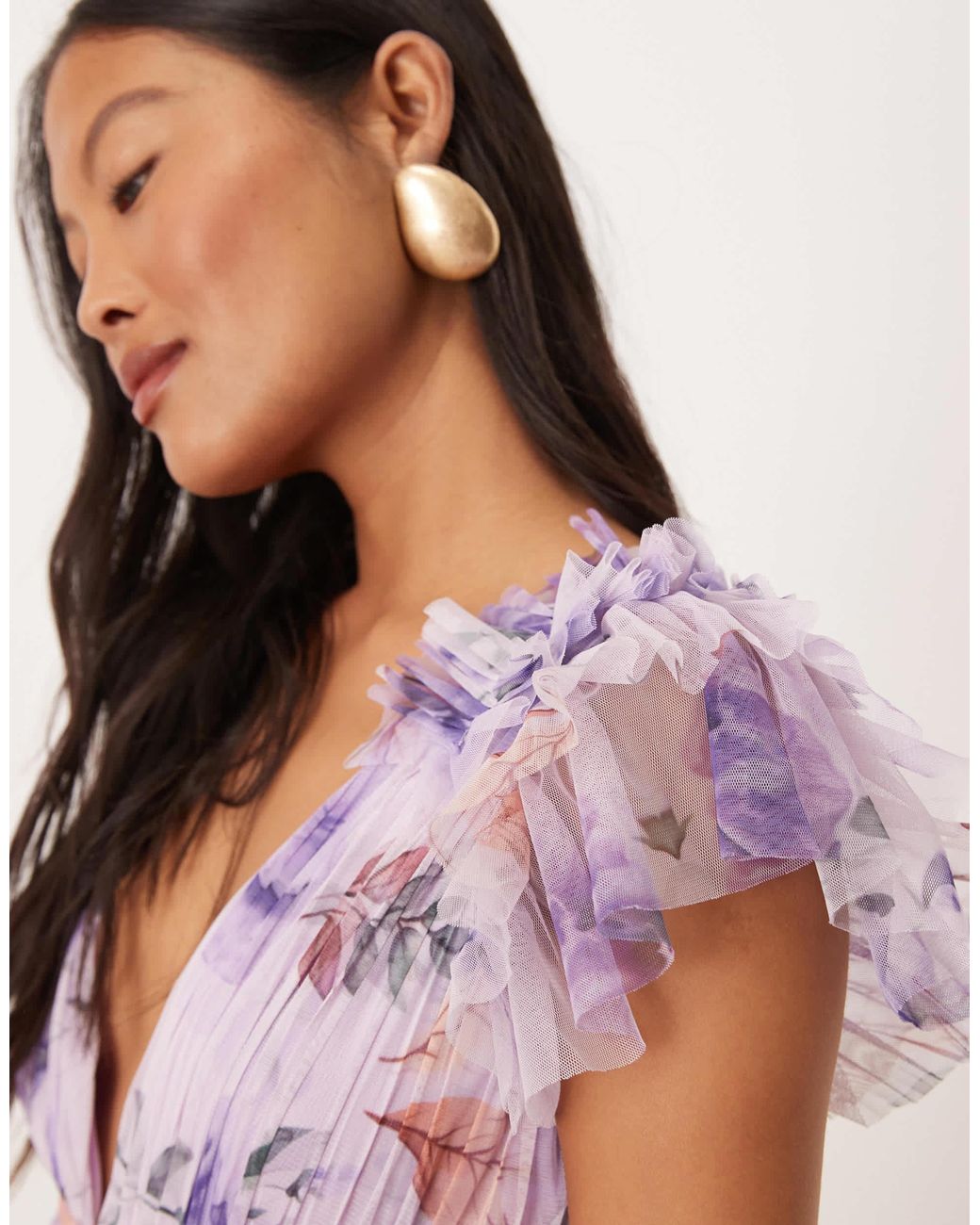 lace & beads layered tulle bardot maxi dress in lilac Maya Moody Lilac Bardot Embellished Maxi Dress  Maya Deluxe
