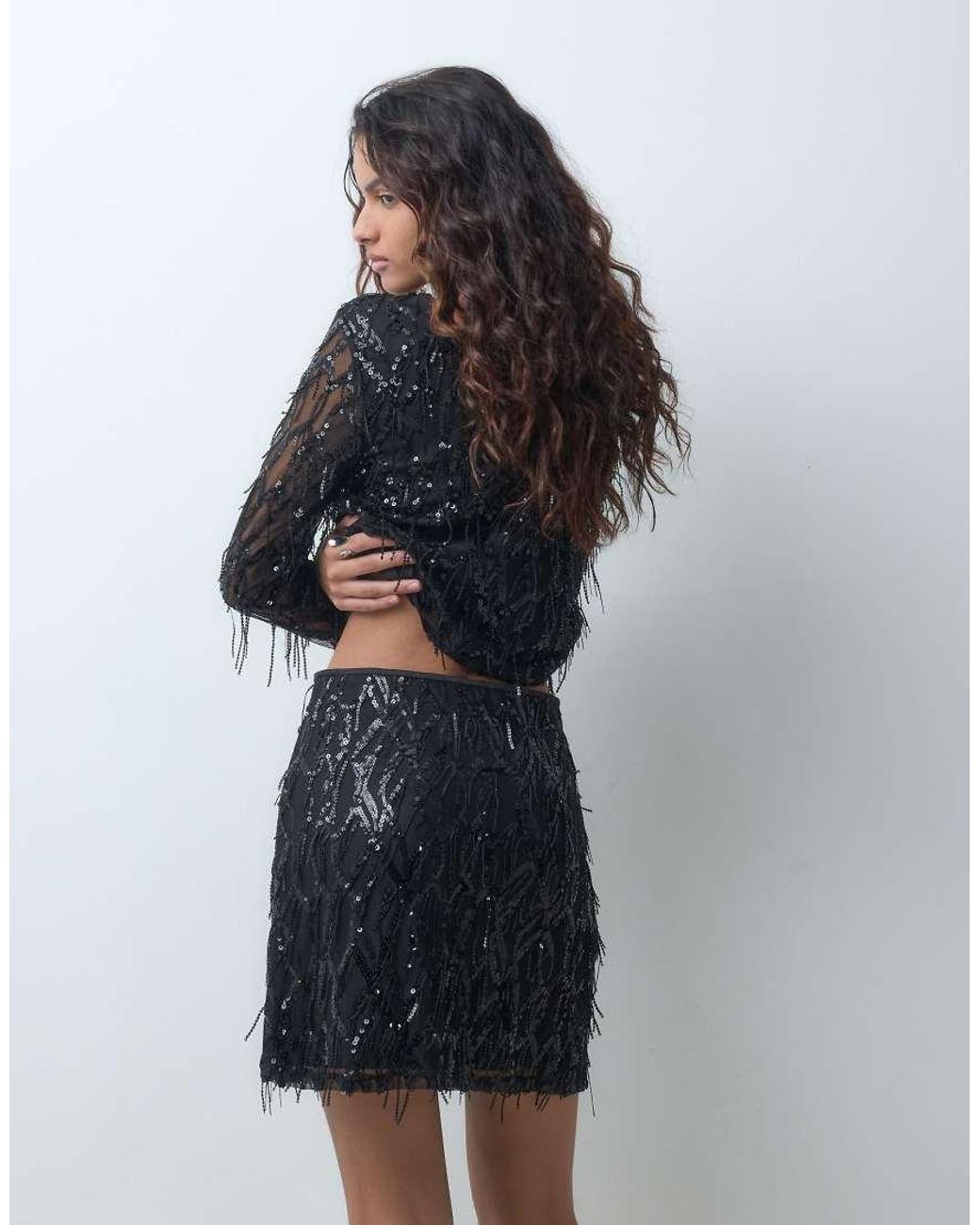 ONLY Black Mesh Overlay Sequin Mini Skirt Co-Ord