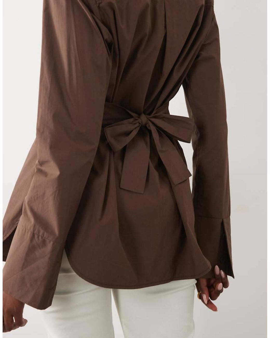 Kaiia Brown Exclusive Shoulder Pad Bow Tie Back Detail Striped Shirt