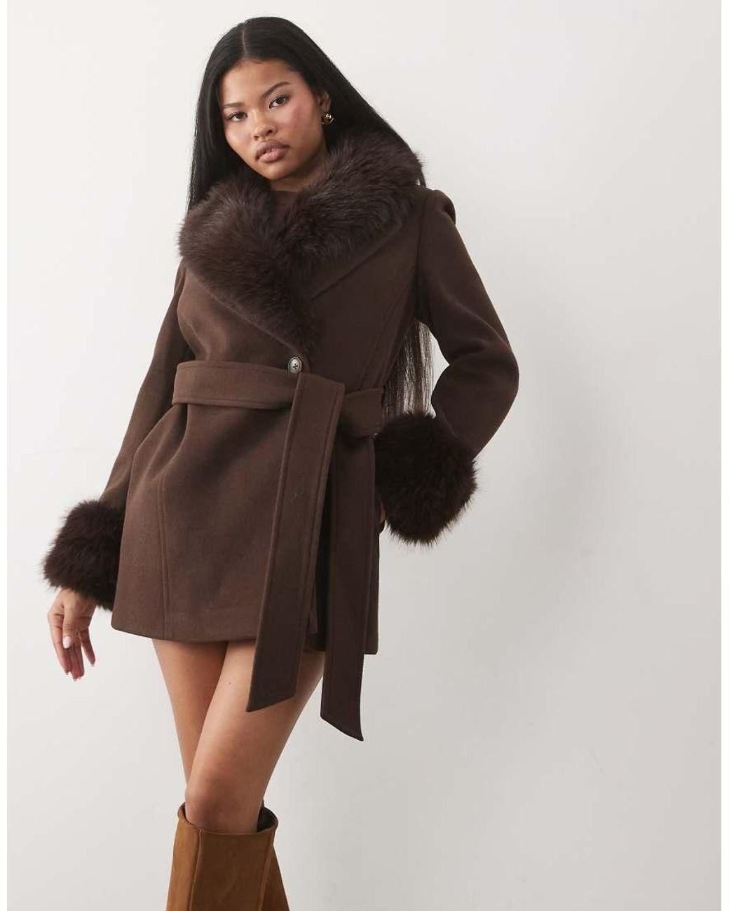 Forever New Brown Faux Fur Collar Short Coat