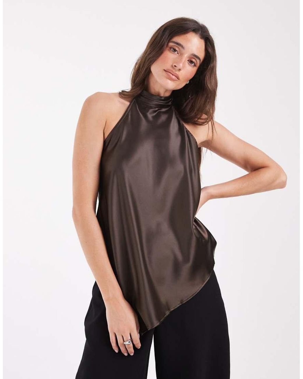 Pieces Black Halter Neck Asymmetric Hem Satin Top Co-ord