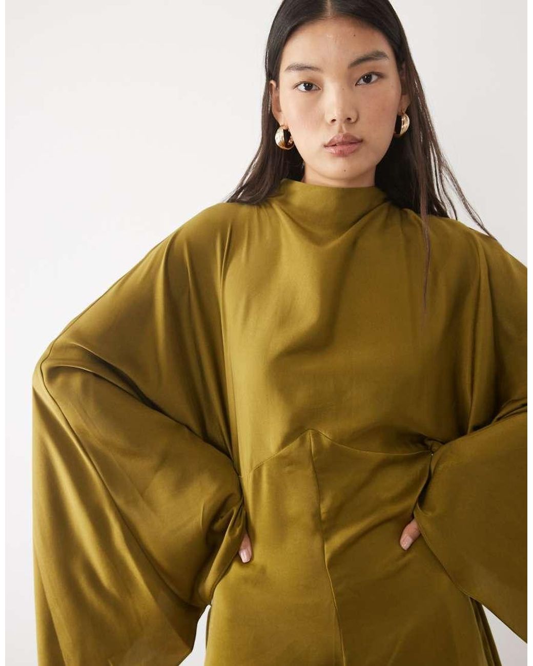 ASOS Green Satin Batwing Playsuit With Extreme Sleeve