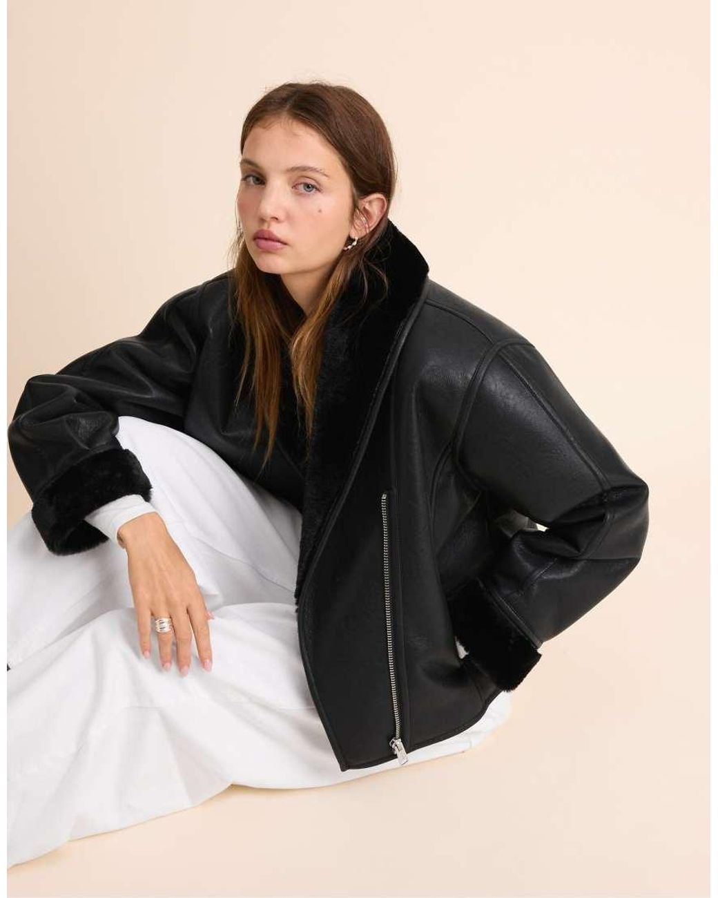 Stradivarius Natural Leather Effect Double-Faced Shawl Neck Jacket