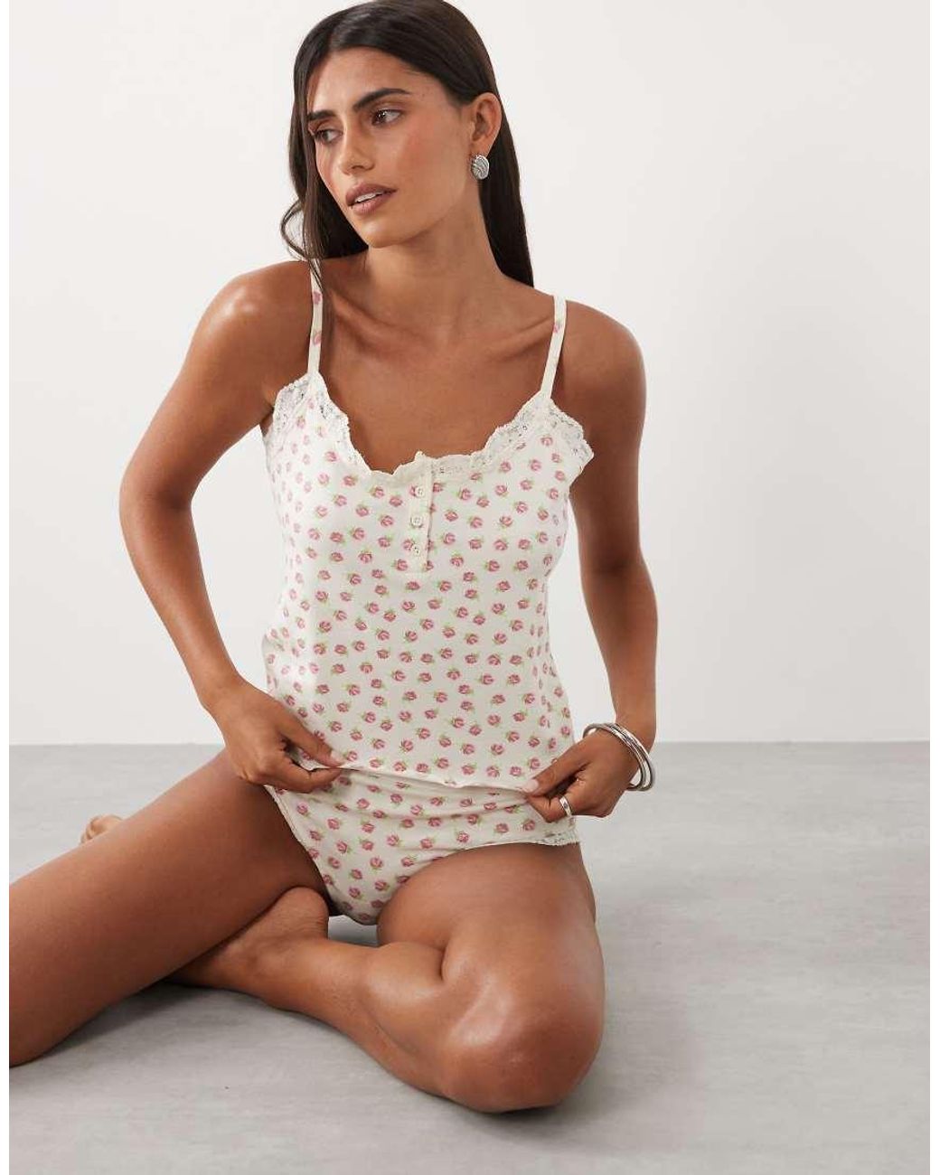 Wednesday's Girl White Wednesdays Girl Lace Edged Cami Top And Brief Set