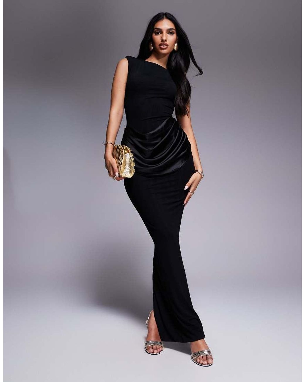 Wanderdoll Eman Sleeveless Slash Neck Satin Draped Waist Detail Bodycon  Maxi Dress in Black | Lyst UK