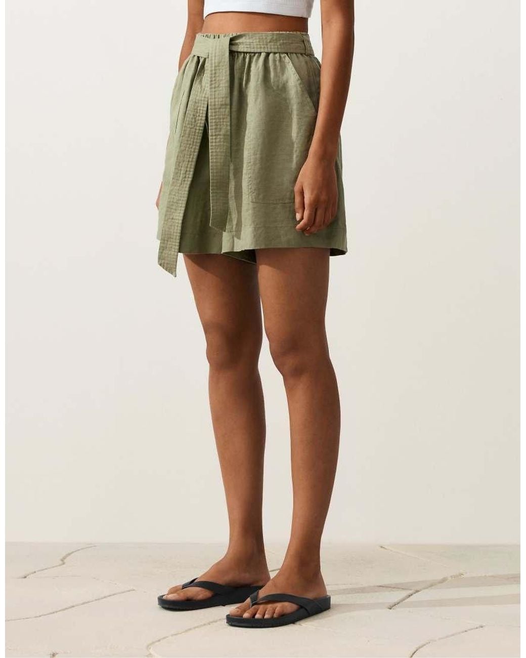 Oysho Green 100% Linen Shorts With Belt