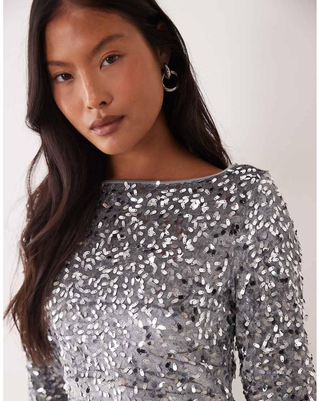 Vero Moda Gray Long Sleeve Boatneck Sequin Midi Dress
