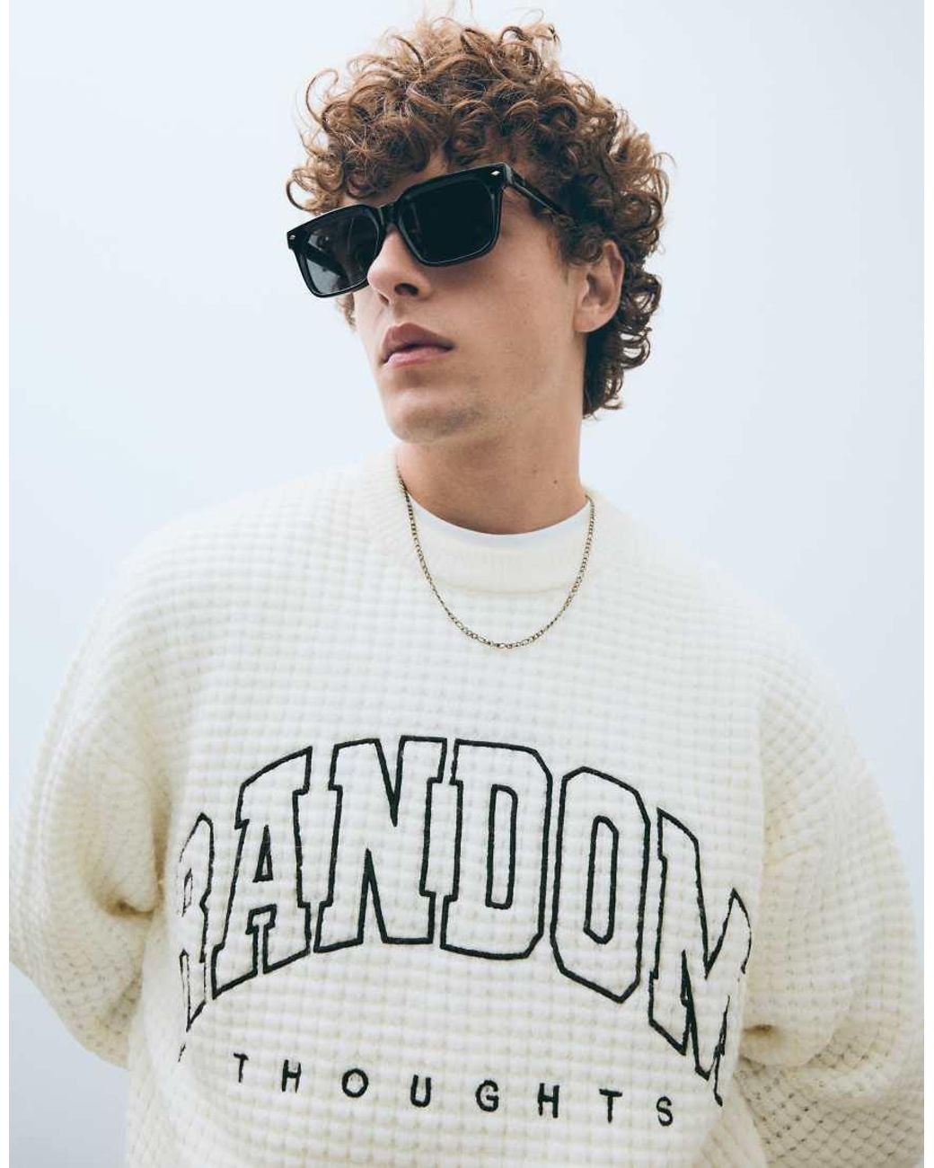 Bershka White Embroidered Waffle-Knit Jumper for men