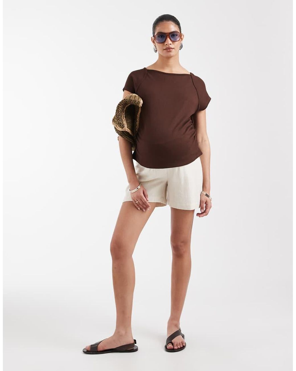 ONLY Brown Linen Blend Shorts With Elasticated Waistband