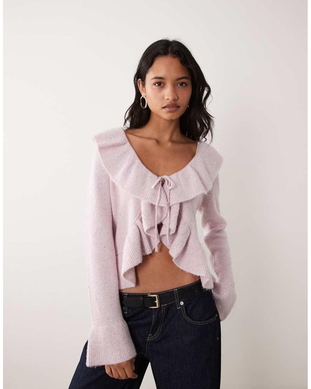 Miss Selfridge Purple Tie Front Cardigan With Frills