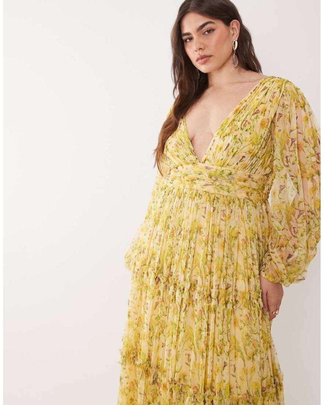 Lace & Beads Plus Metallic Lydia Tulle Balloon Sleeve Plunge Neck Tiered Maxi Dress