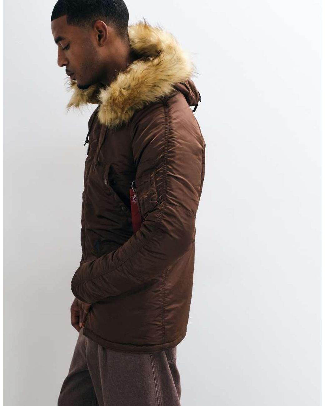Alpha Industries Brown Faux Fur Hooded Parka Jacket for men