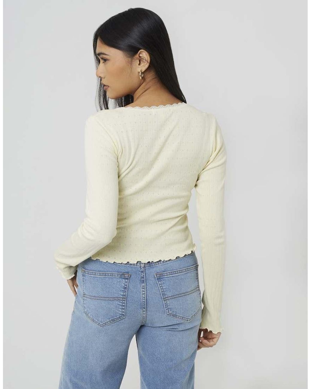 Brave Soul White Long Sleeve Pointelle Top With Lace Trim And Bow