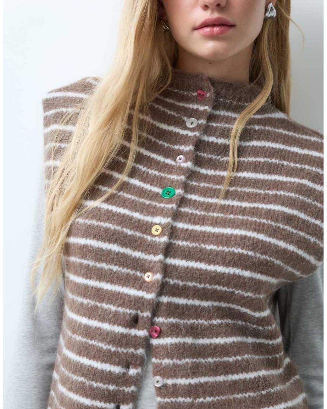 Pieces White High Neck Button Detail Knitted Cardigan