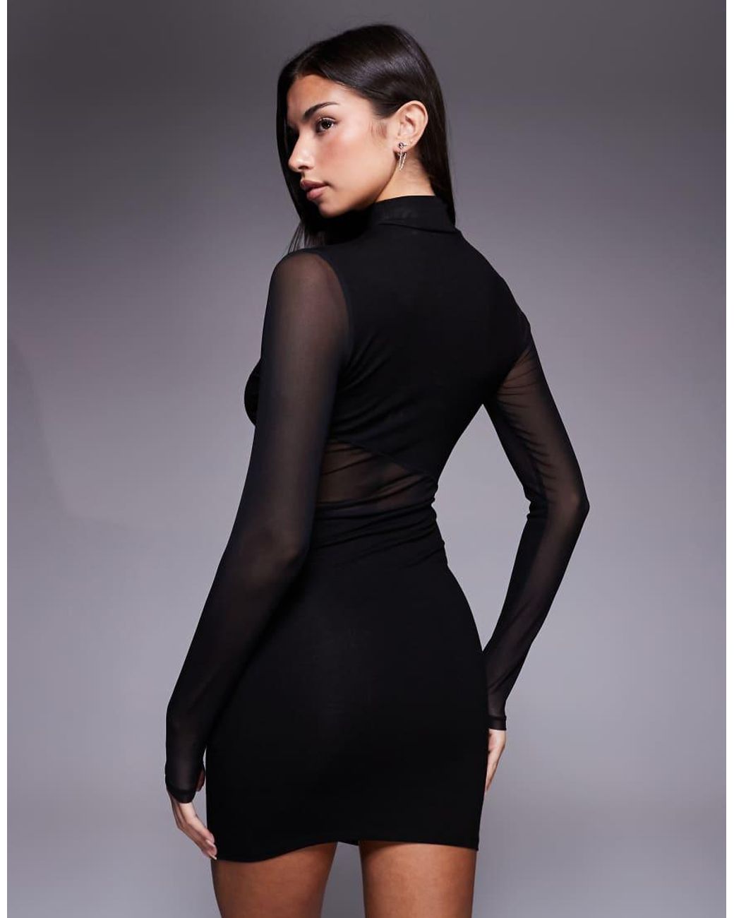 ASOS Black Mesh Draped Mini Dress With High Neck