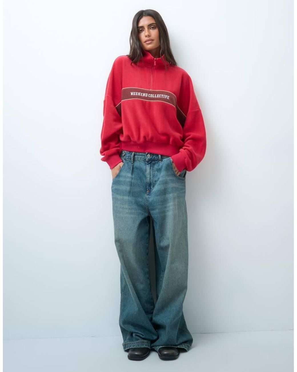 ASOS Red Weekend Collective Half Zip Polar Fleece With Stripe Logo Detail