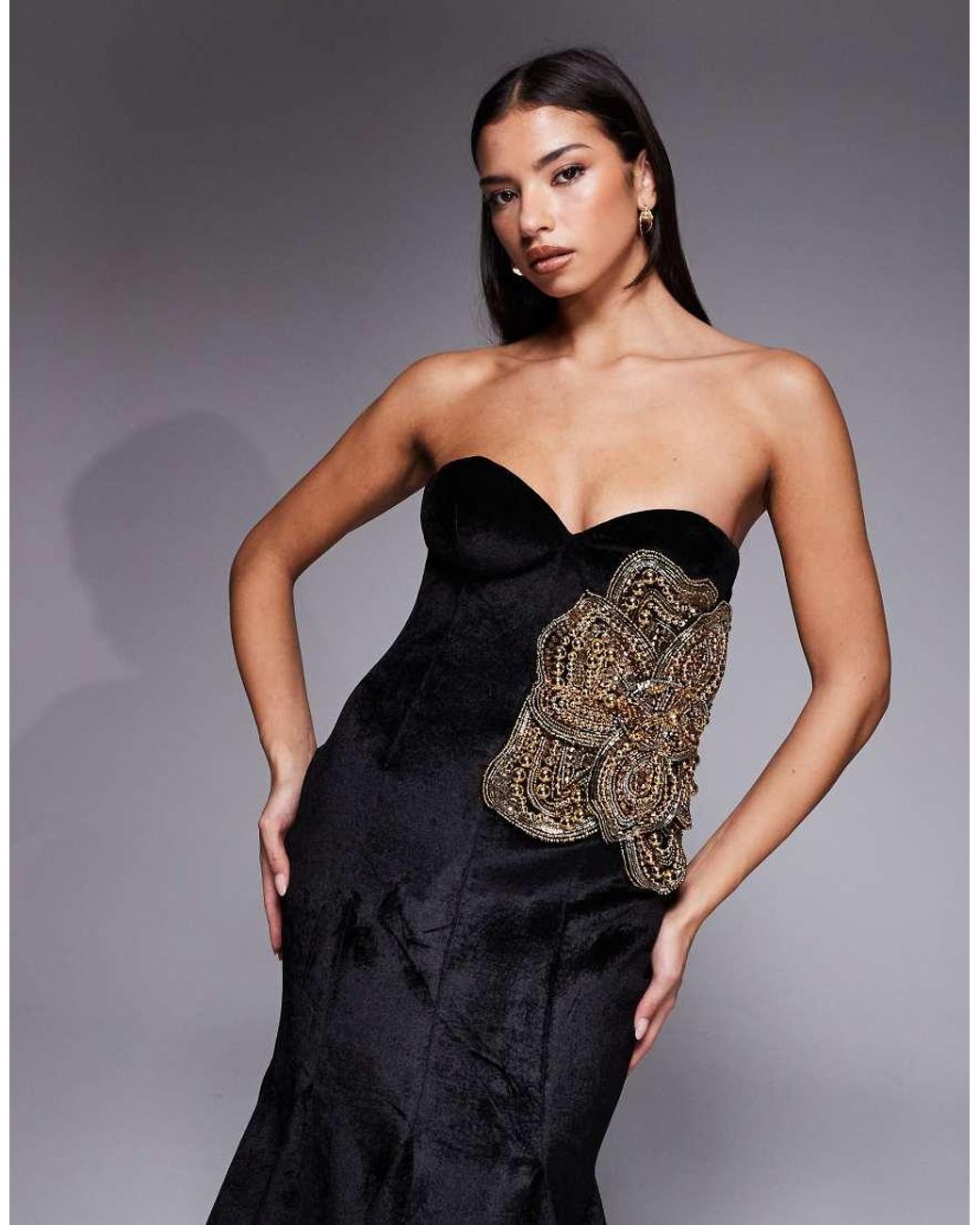 ASOS Blue Structured Velvet Godet Maxi Dress With Floral Embellishment