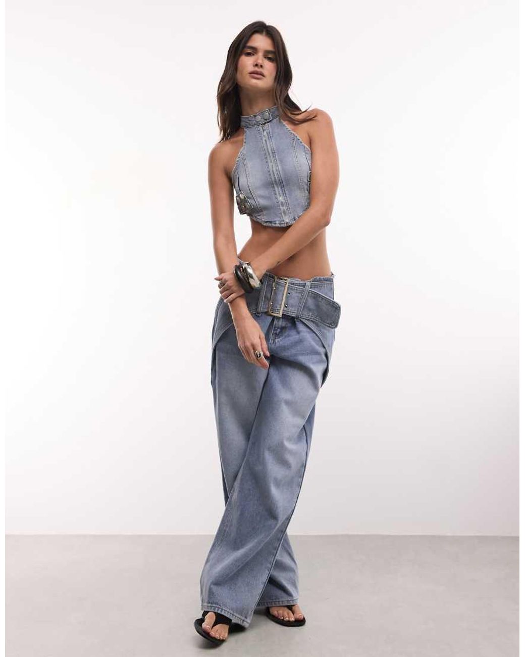Liquor N Poker Blue Contrast Stitch Buckle Detail Halterneck Top Co-Ord