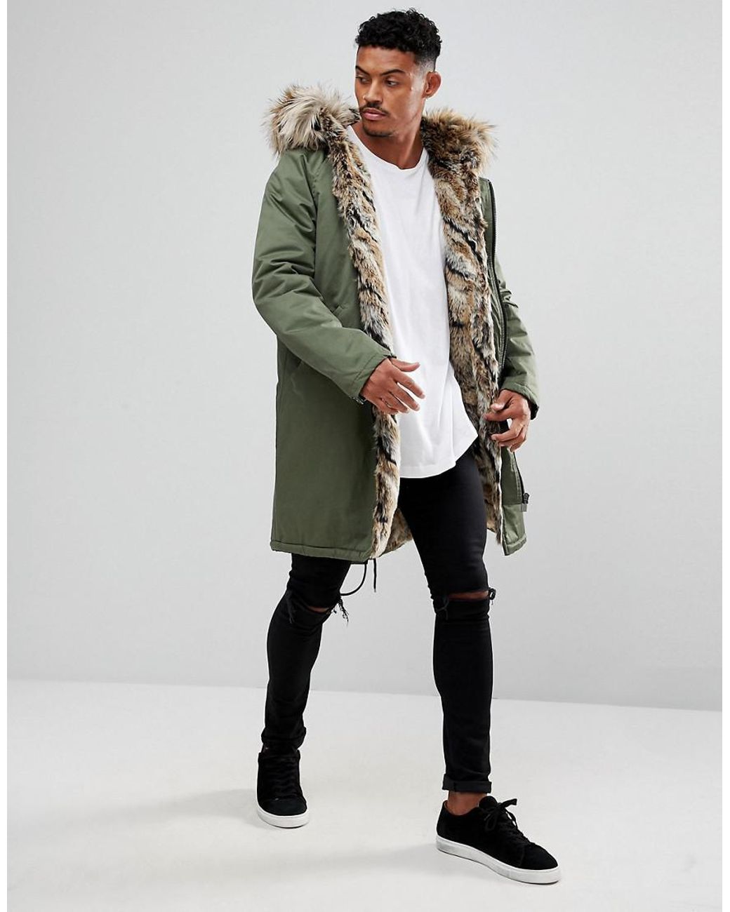 River Island Parka Jacket With Faux Fur Lining In Khaki in Green for Men