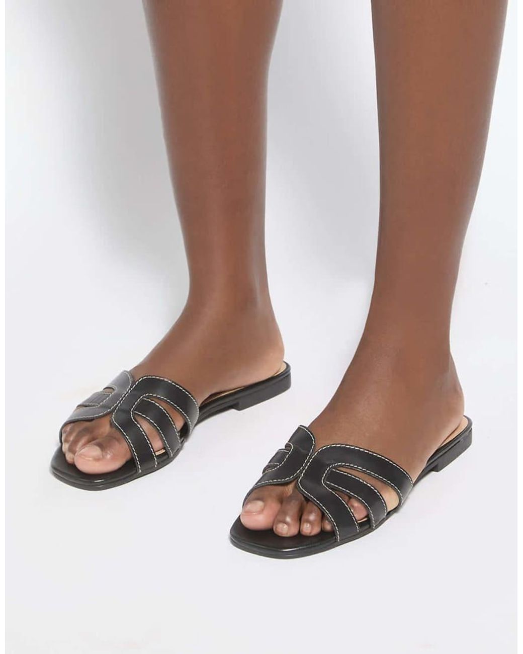 Dune Black Larrissa Flat Leather Slip On Sandals