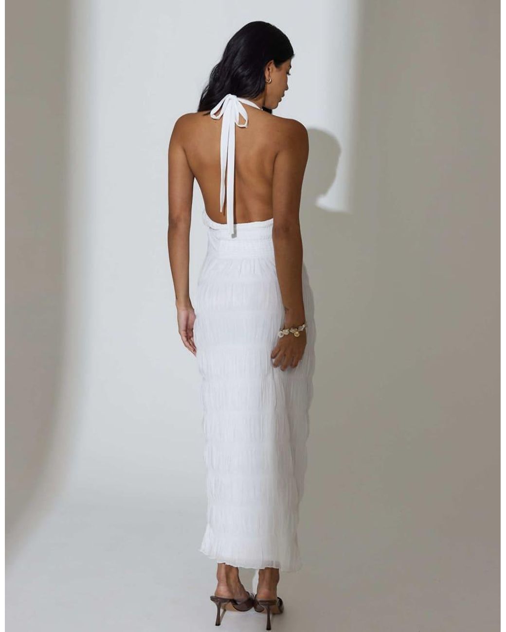 South Beach White Ruched Halterneck Maxi Dress