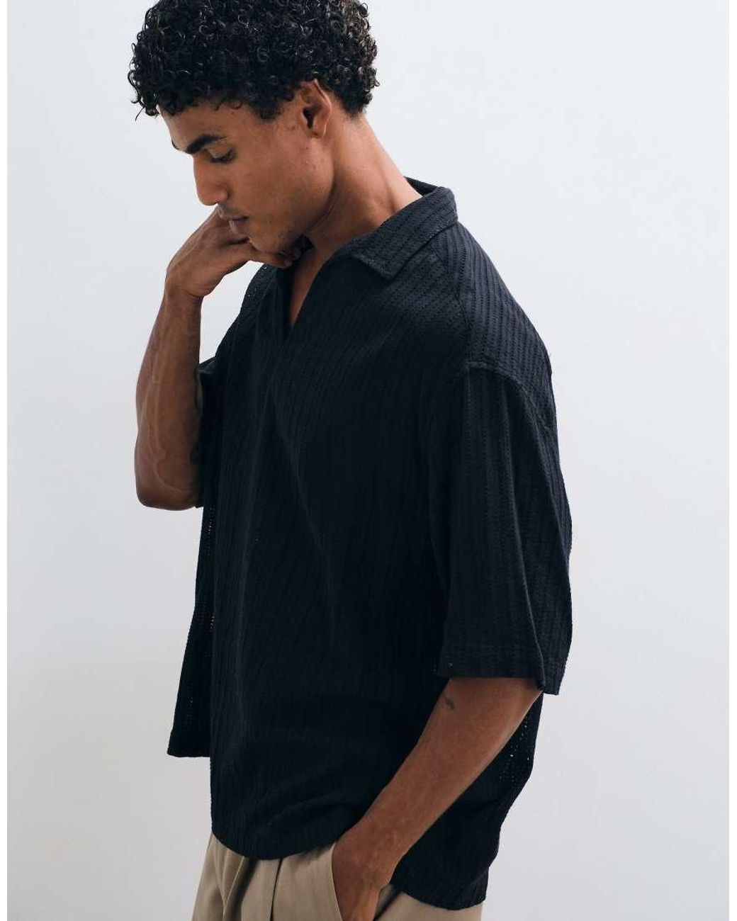 ASOS Black Oversized Overhead Broderie Shirt for men
