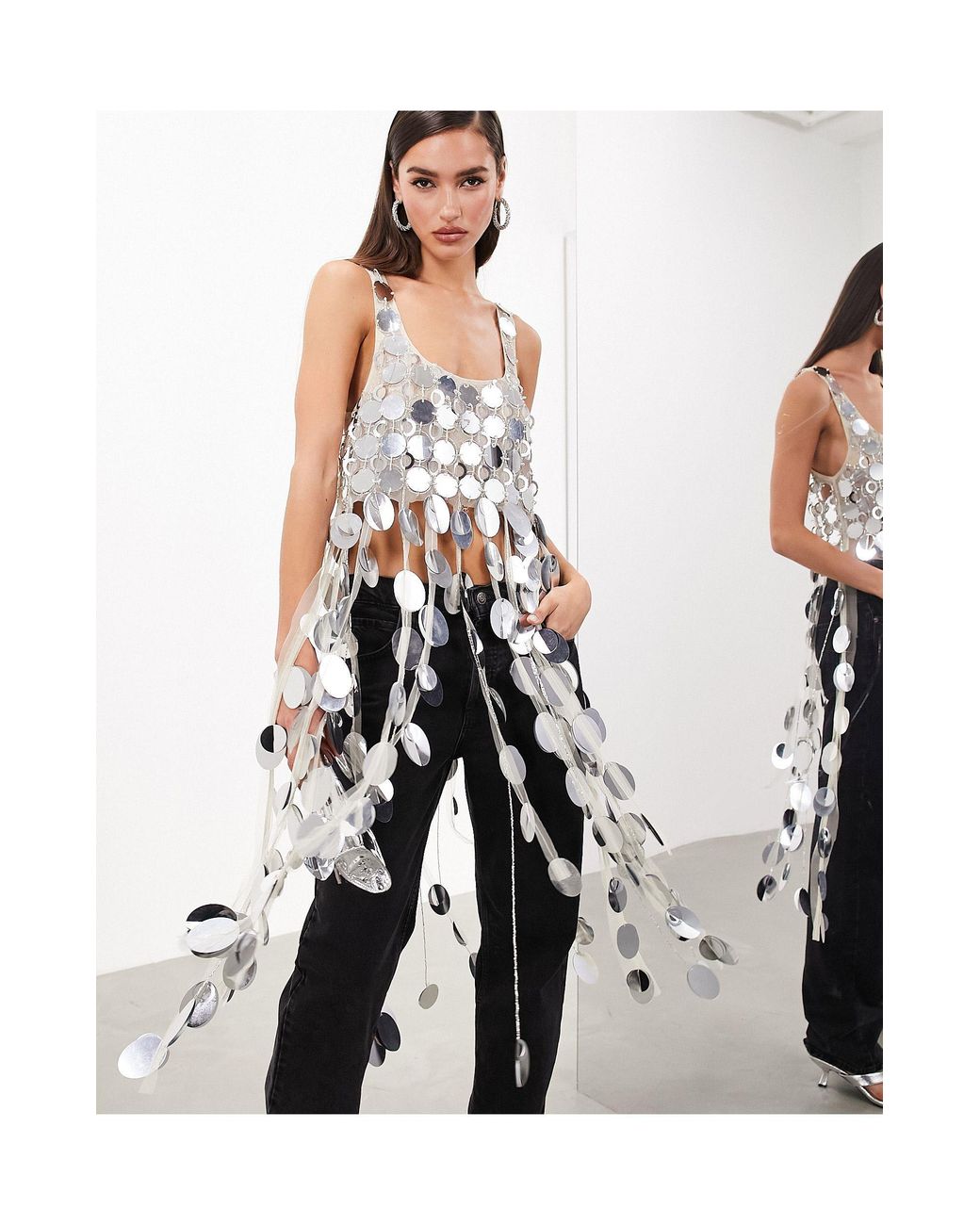 ASOS Futurist Sequin Crop Top With Long 3d Fringe Hem in White Lyst