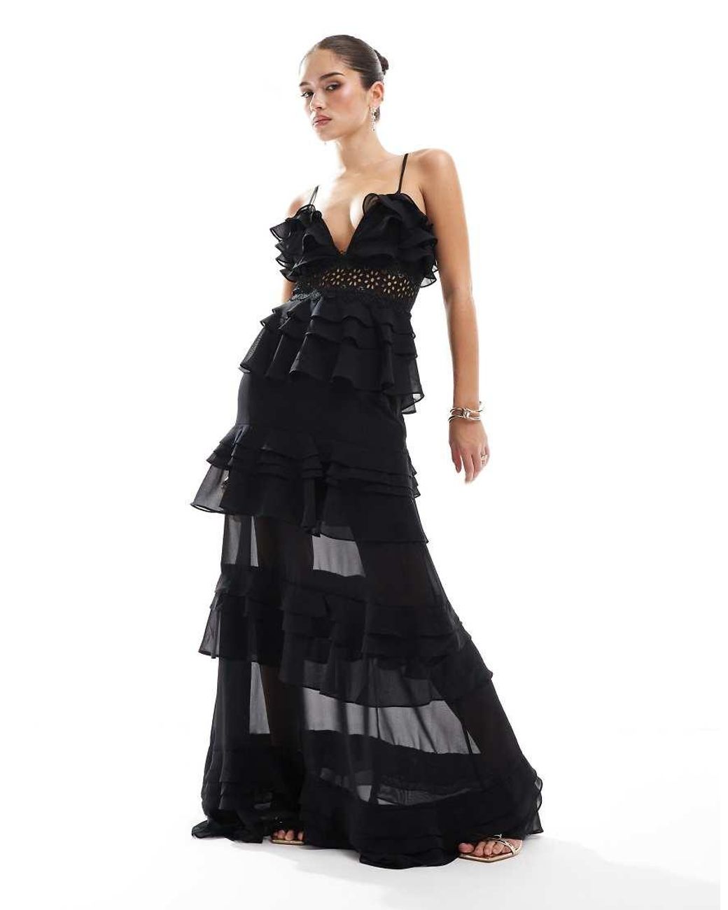True Decadence Black Plunge Front Tiered Ruffle Maxi-Dress