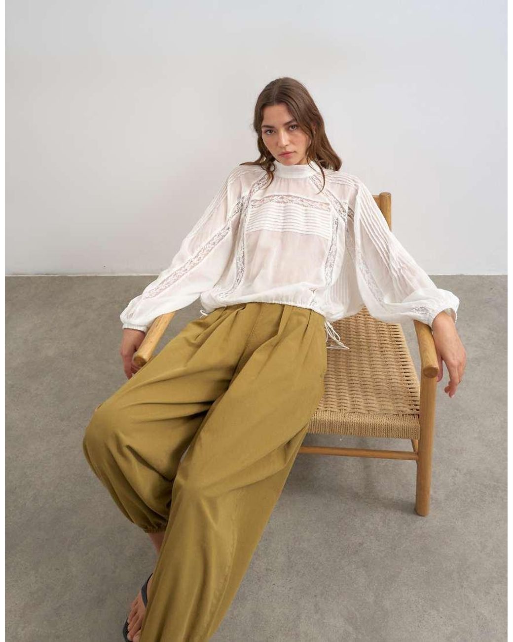 TOPSHOP Natural Lace Trim Ruched Side Blouse