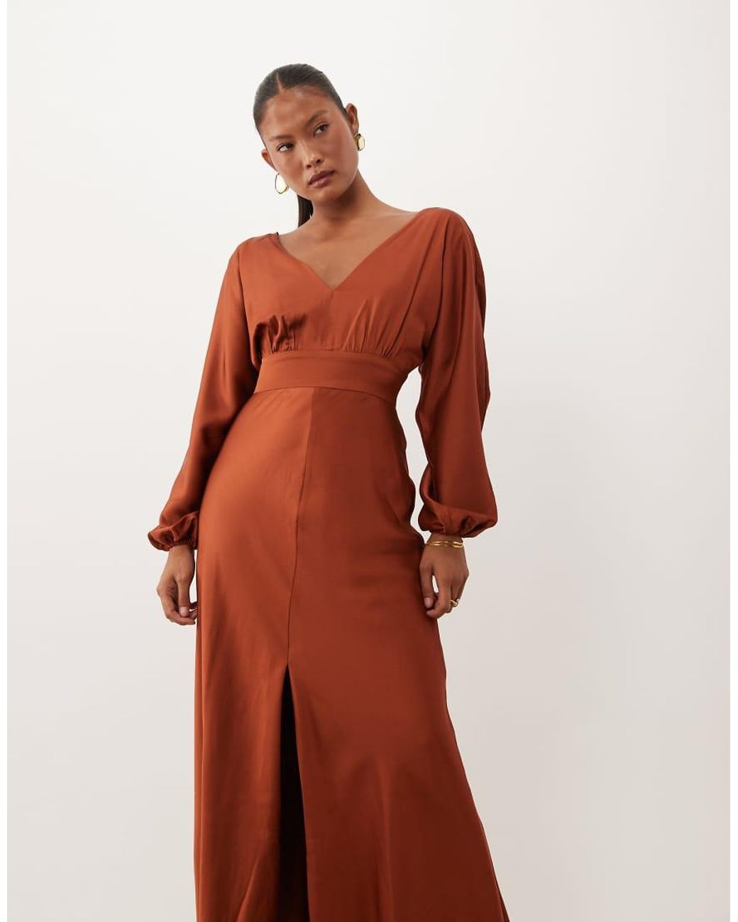 Forever New Red Satin V Neck Batwing Slit Front Maxi Dress