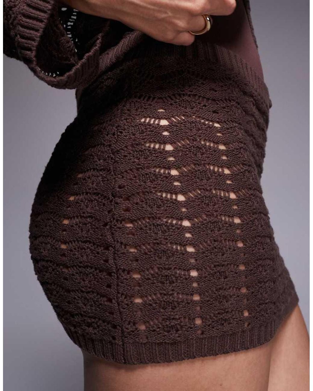 The Frolic Brown Exclusive Cotton Blend Crochet Knit Mini Skirt