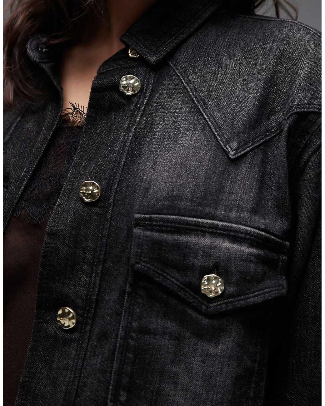 AllSaints Gray Bryn Denim Jacket With Gold Button Detail