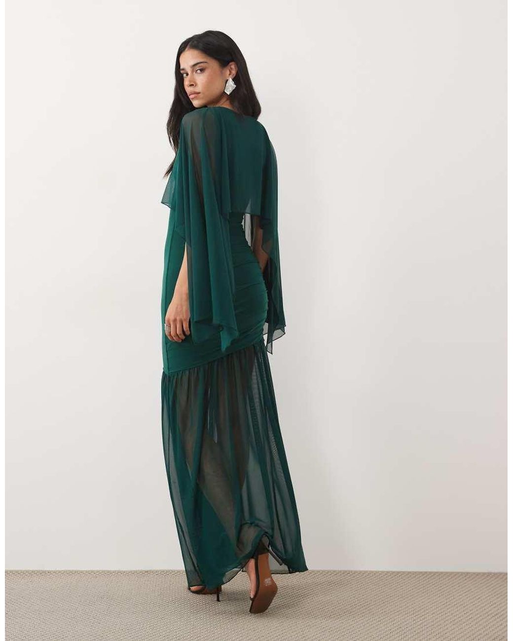 Kaiia Green Exclusive Double Layered Slinky Drop Waist Floaty Mesh Cape Overlay Sheer Hem Maxi Dress