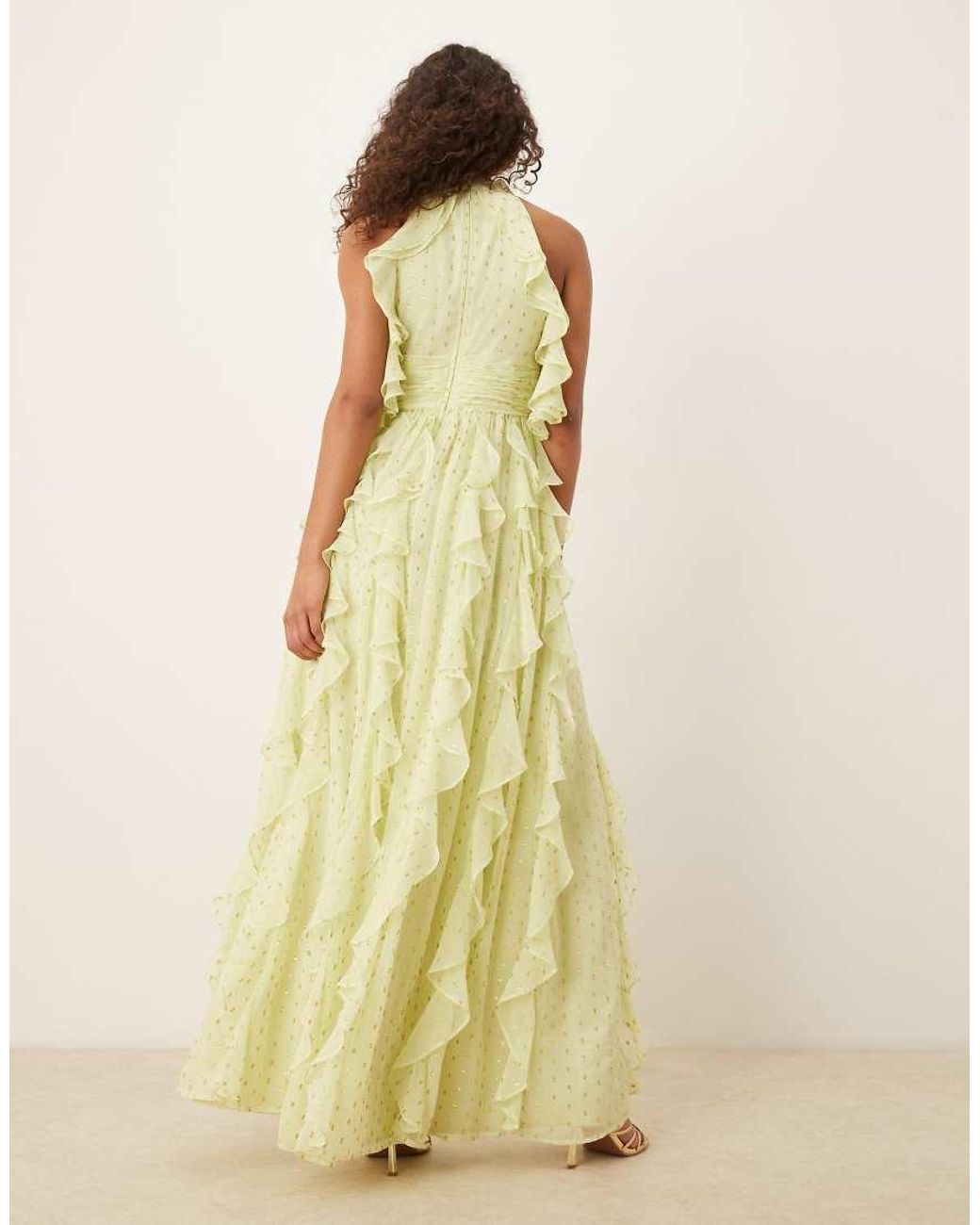ANAYA Natural Cold Shoulder Waterfall Ruffle Maxi Dress